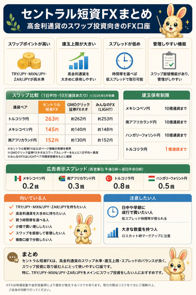 セントラル短資FXのスワップ投資向けポイントまとめ